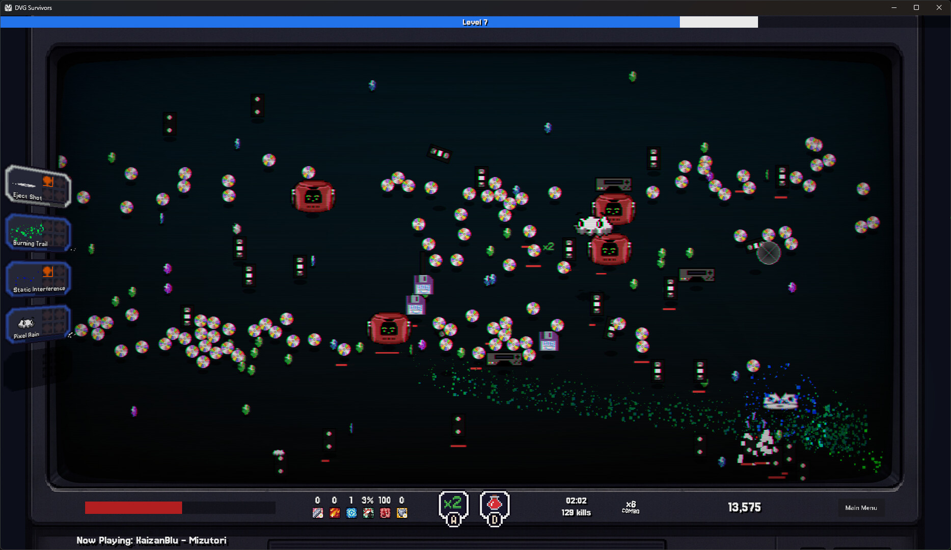 DVG Survivors gameplay showing the bouncing DVG fighting waves of storage-media enemies